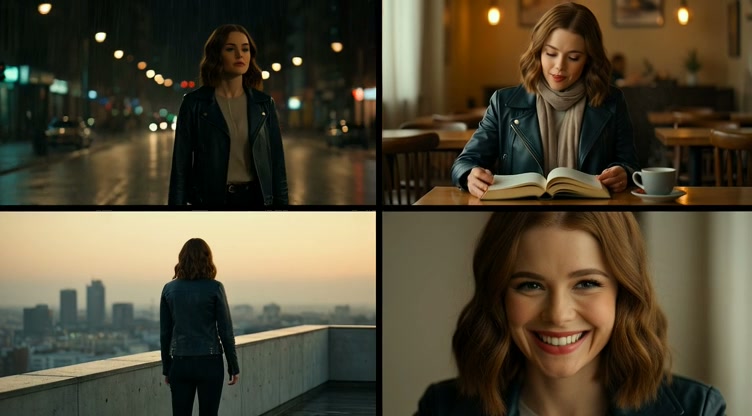 Multi-Shot Grid: Derselbe Charakter in vier verschiedenen Szenen – Straße, Café, Rooftop, Close-up
