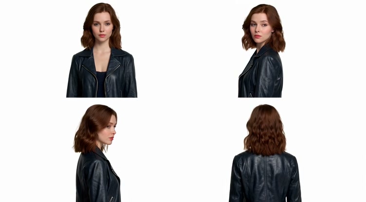 Posing Sheet: Derselbe Charakter aus vier Blickwinkeln – Front, 3/4, Profil, Rücken